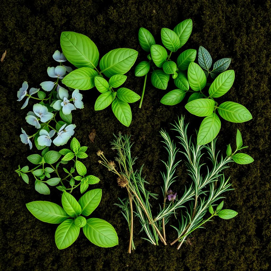 Fresh medicinal herbs laid on dark moss